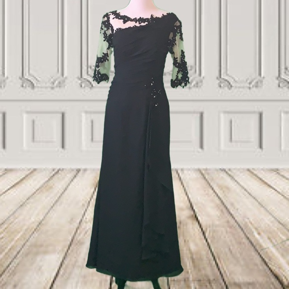 NWTs Adas Bridal Black 3/4 Sleeve Long Beaded Gown - Picture 3 of 9